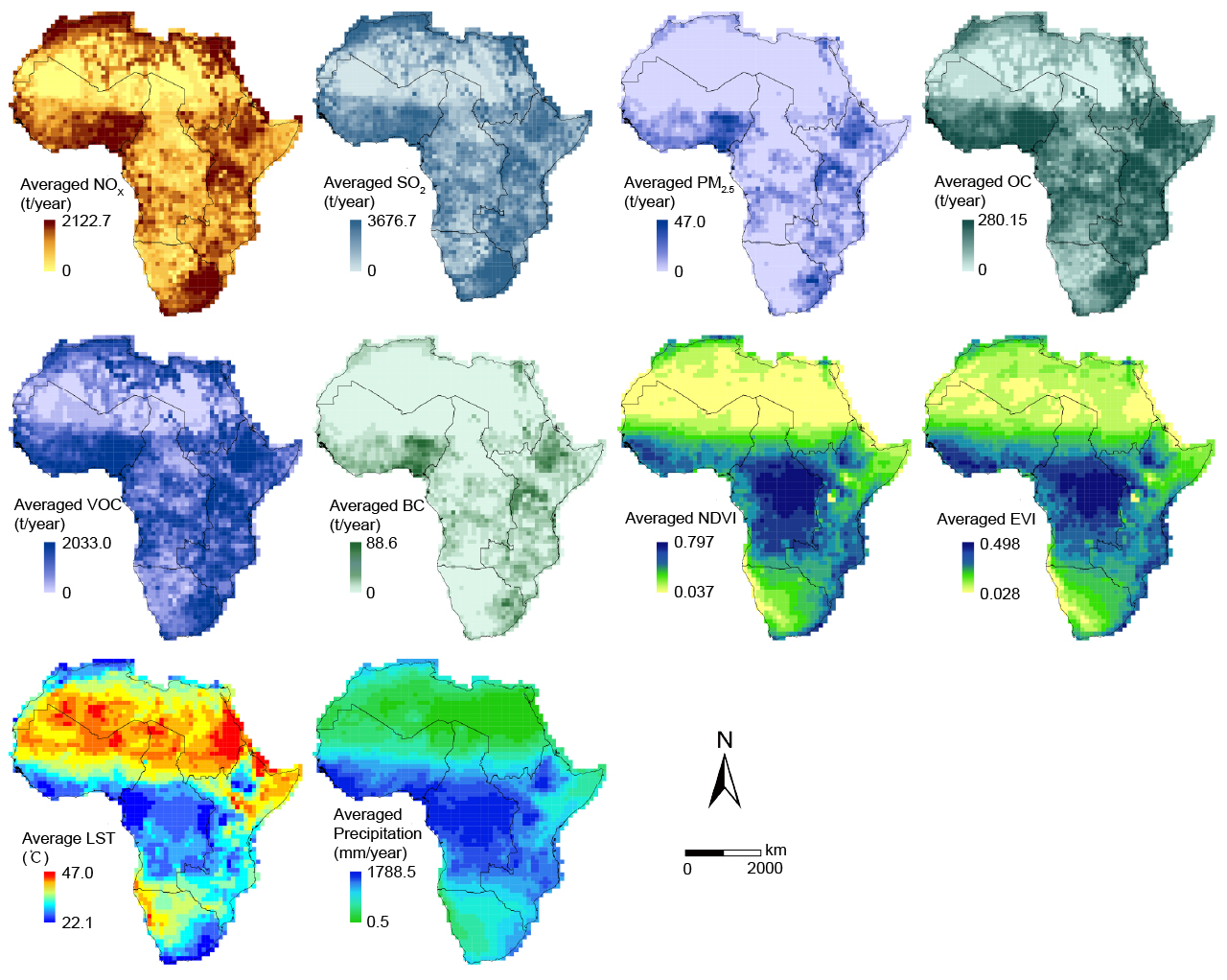 Figure 3. Spatial patterns of explanatory variables presented by the annual average values over 15 years: NOx, SO2, PM2.5, OC, VOC, BC, NDVI, EVI, LST, and precipitation.