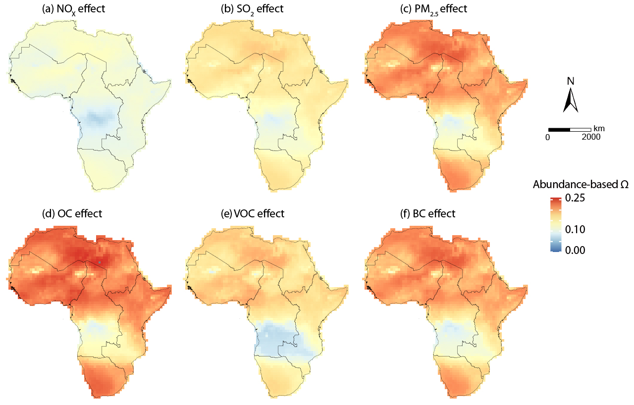 Figure 6. Spatial distributions of impacts of different human variables on AOD quantified using the abundance-based Omega, including impacts of (a) NOx, (b) SO2, (c) PM2.5, (d) OC, (e) VOC, and (f) BC.