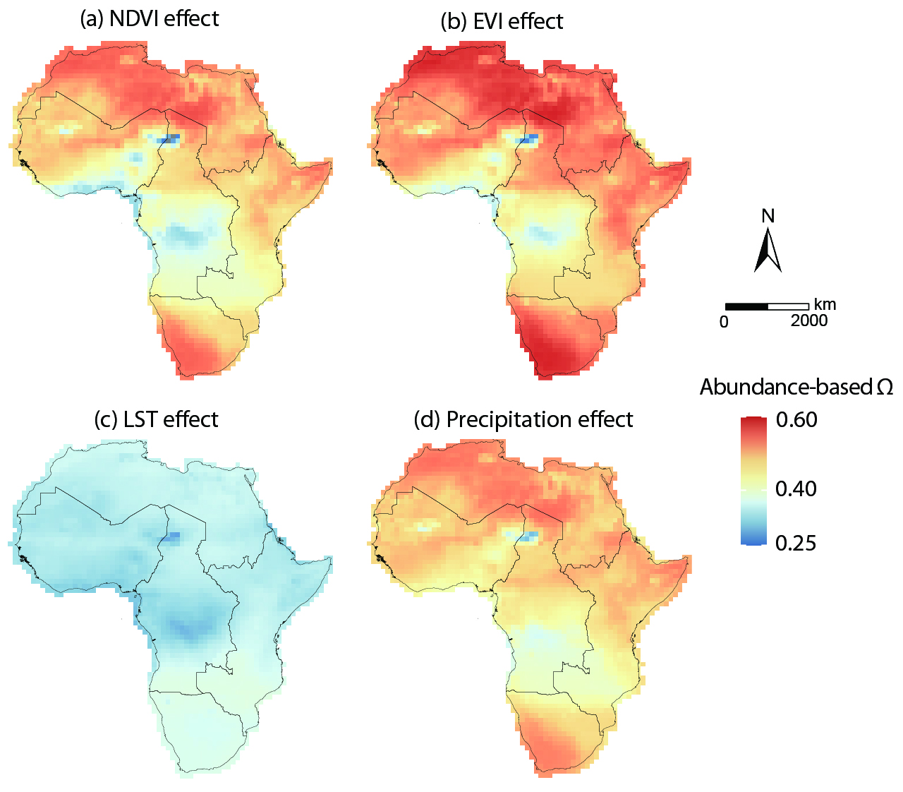 Figure 7. Spatial distributions of impacts of different natural variables on AOD quantified using the abundance-based Omega, including impacts of (a) NDVI, (b) EVI, (c) LST, and (d) precipitation.