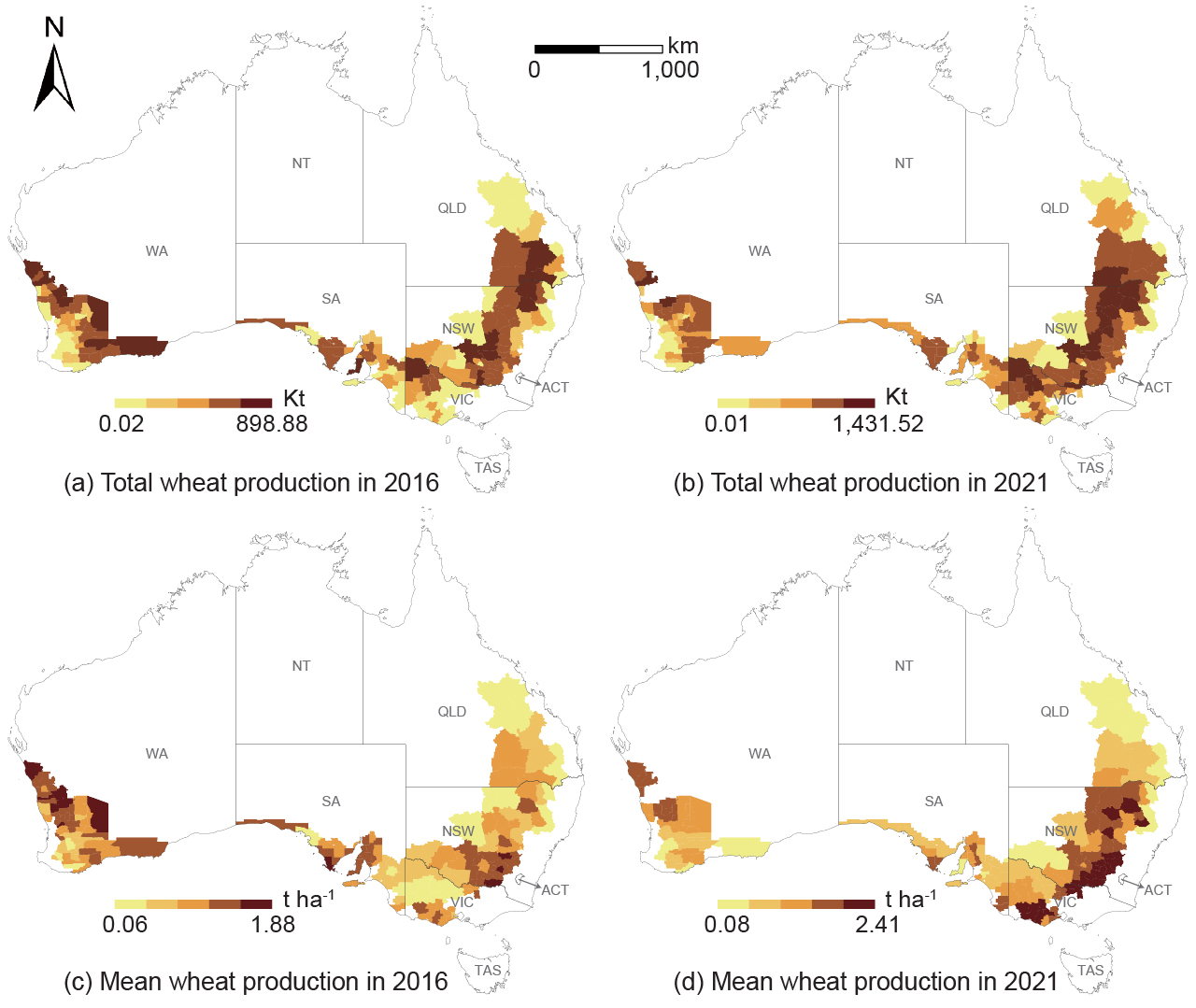 Figure 1. Distribution of Australian total wheat production and mean wheat production in 2016 and 2021.