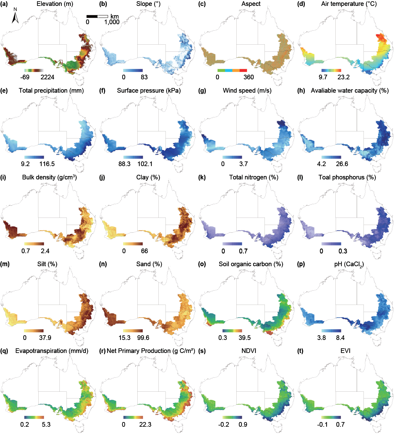 Figure 2. Spatial distributions of explanatory variables in 2021. (a)-(c) geographical variable, (d)-(g) climate variables, (h)-(p) soil attributes, (q)-(t) environmental variables.