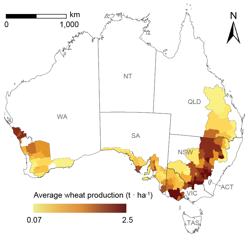 Figure 5. Annual wheat production in Australia's LGAs within the wheat belt in 2021.