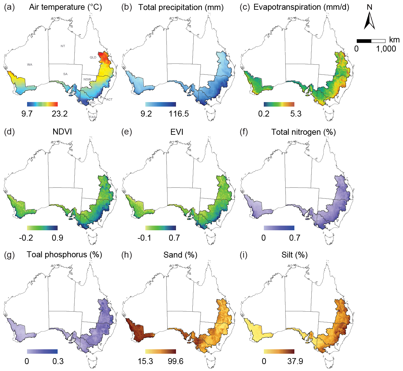 Figure 6. Spatial distributions of explanatory variables in 2021. (a) and (b) Climate variables, (c)-(e) Environmental variables, (f)-(i) Soil attributes.
