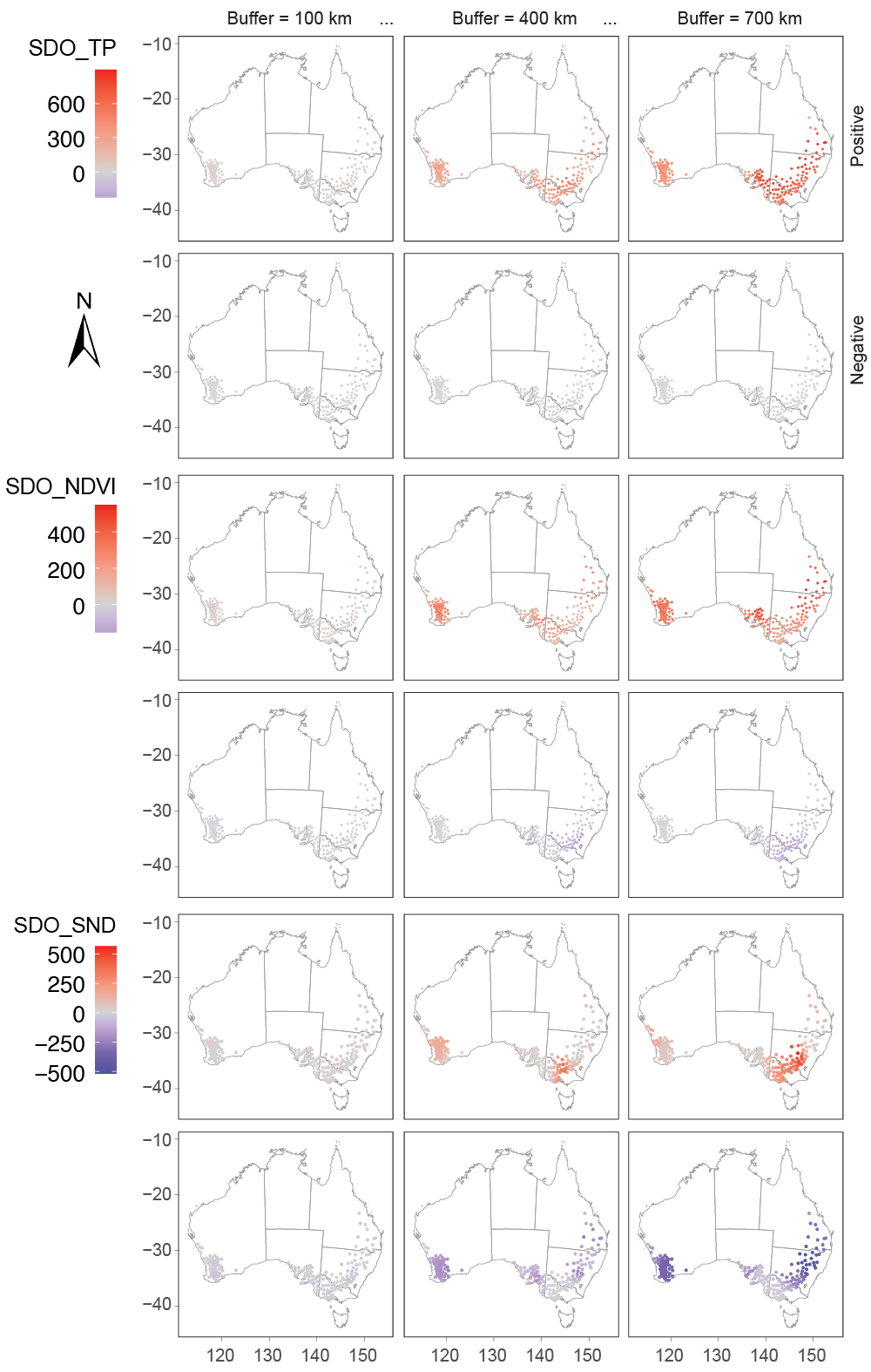 Figure 10. Spatial distributions of second-dimension outlier variables for total precipitation (TP), normalized difference vegetation index (NDVI), and sand (SND) at buffer distances 100, 400, and 700 km, generated using the SDO model.