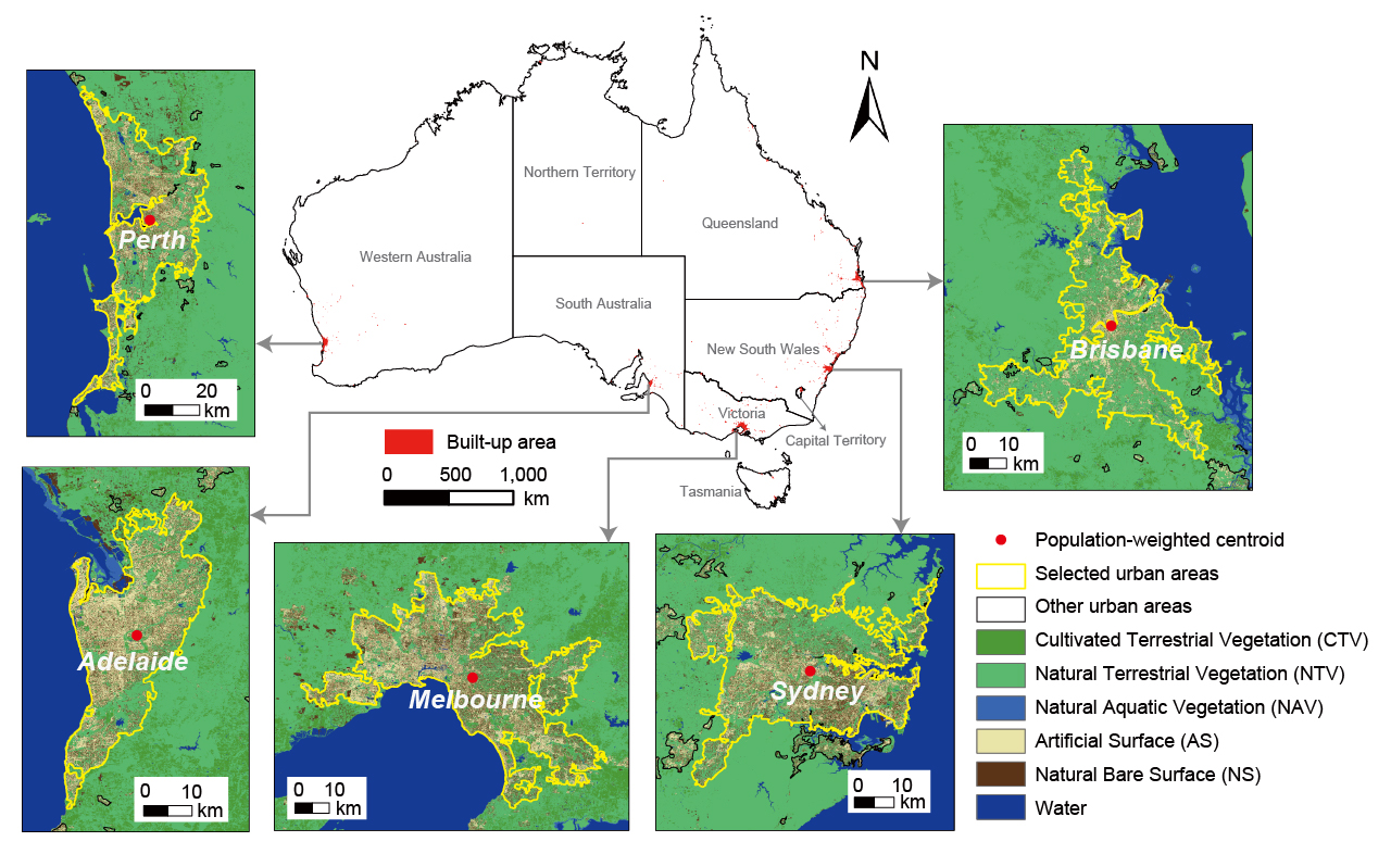 Figure 1. Study area. The population-weighted data is calculated by using the centroid coordinates of each LGA from ABS, with the total population of each LGA as the weight for its centroid, to determine the centroid of the entire selected built-up area.