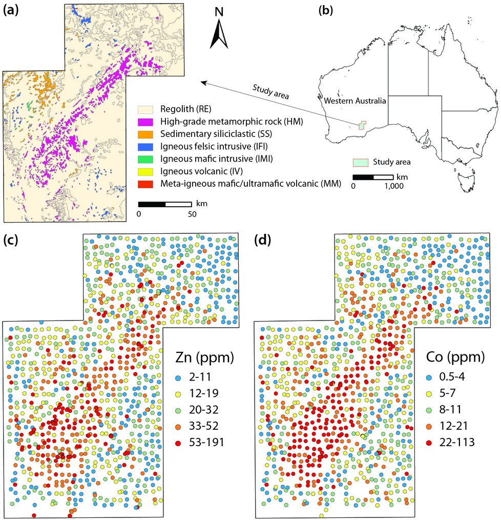 Figure 3. Study area, geology, and zinc and cobalt observations in Western Australia.