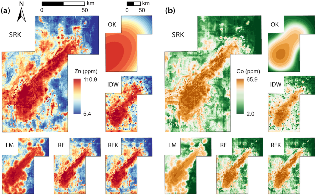 Figure 9. Spatial prediction maps of zinc and cobalt from six methods.