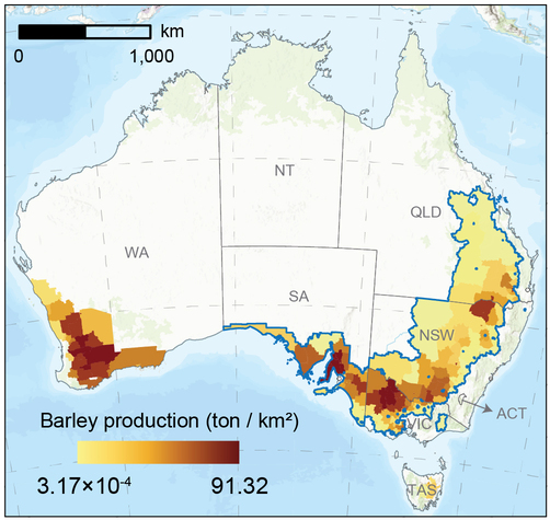 Figure 2. Spatial distribution of barley production normalised by SA2 polygon area across Australia and the study area.
