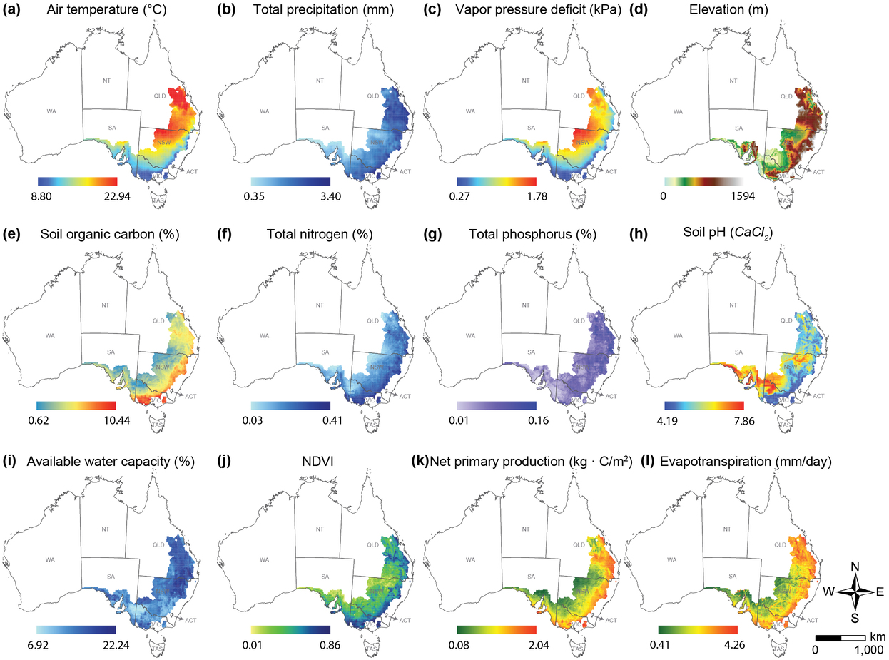 Figure 3. Spatial distribution of explanatory variables for barley production in southeastern Australia.