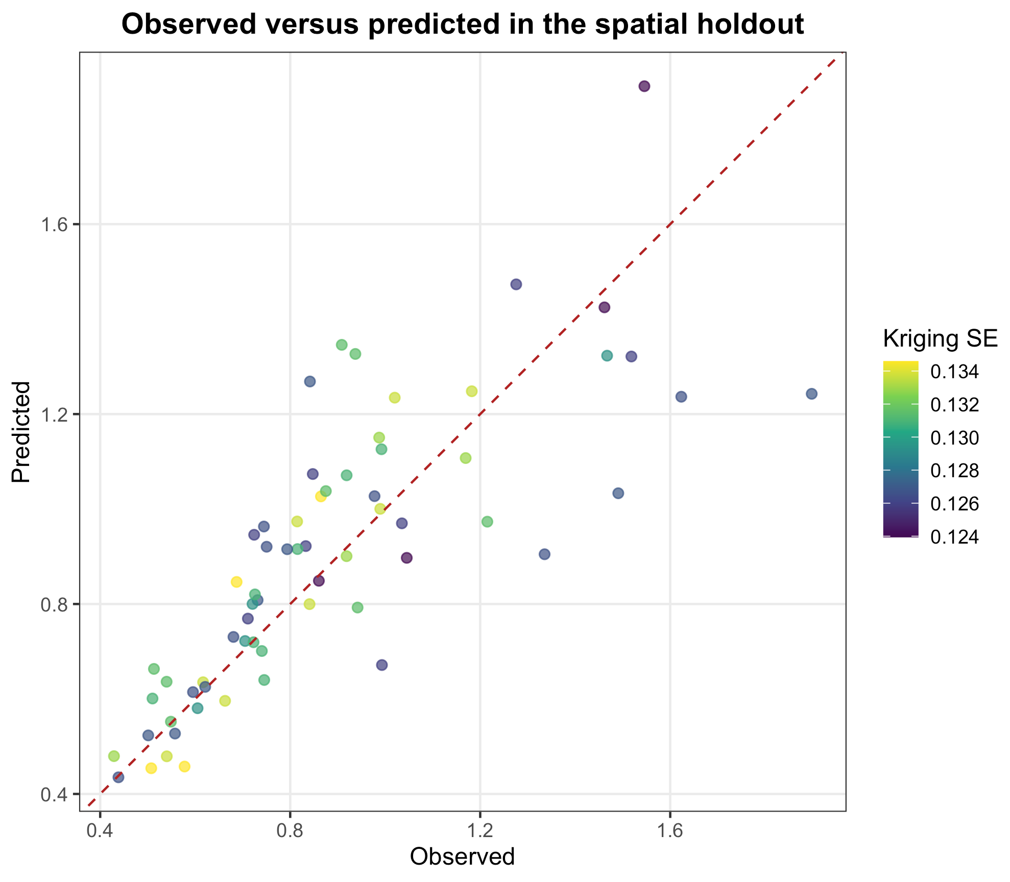Observed versus predicted values in the spatial holdout coloured by kriging uncertainty